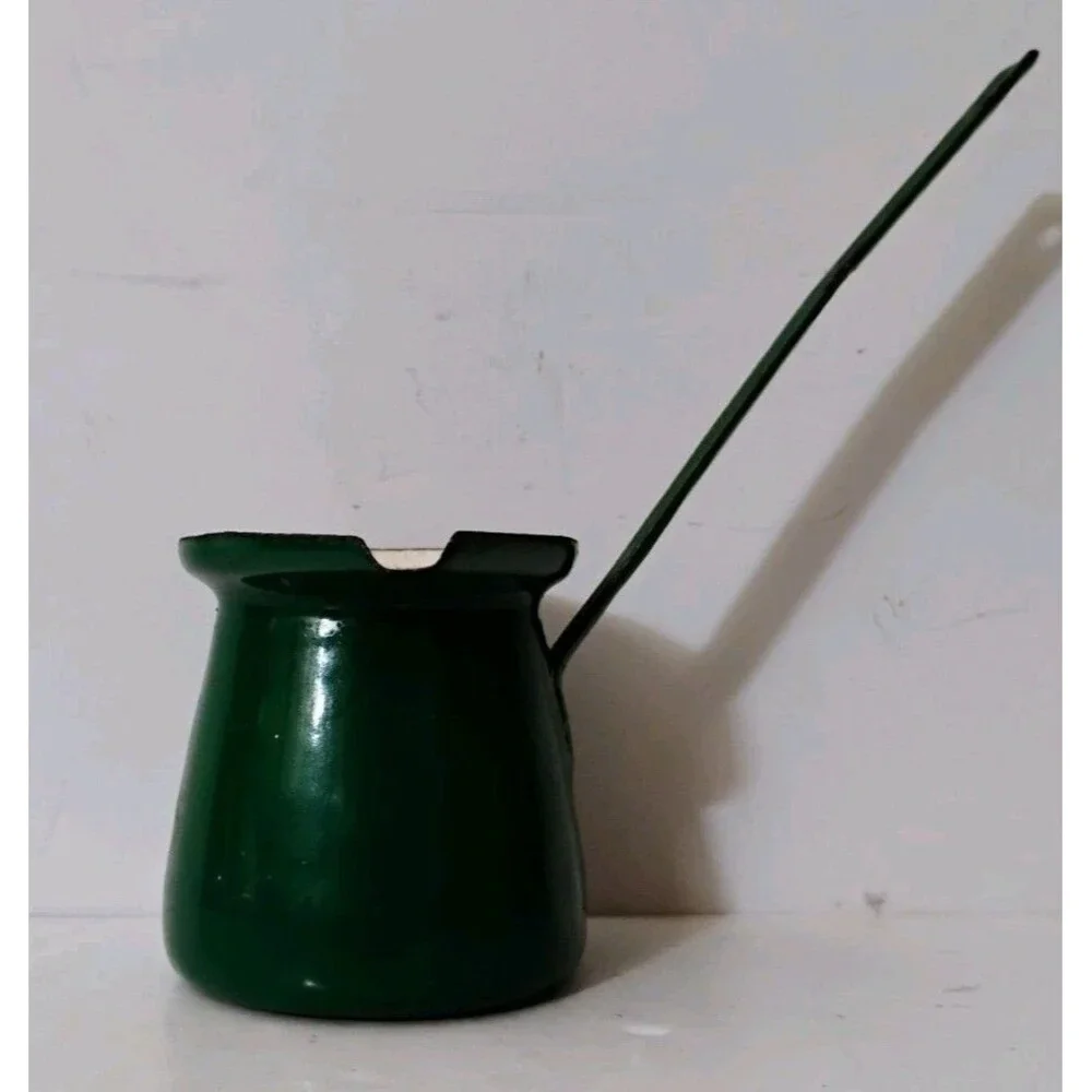 Vintage Green Enamel Turkish Coffee Pot Made in Yugoslavia Cezve Briki Pot Rust
